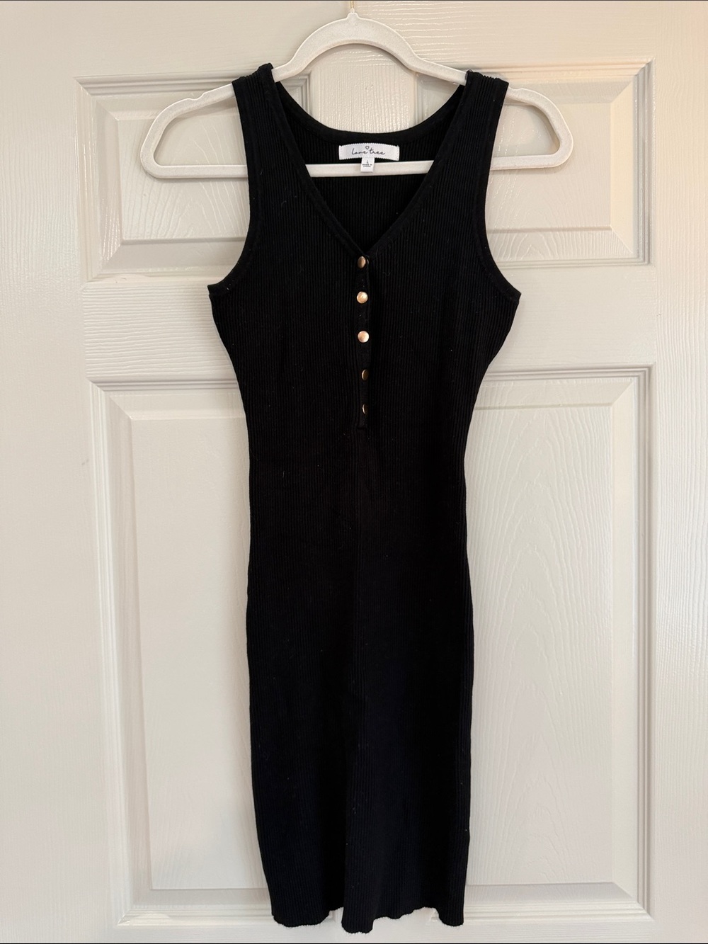 Lush Black Ribbed Tank Midi Dress with Gold Buttons